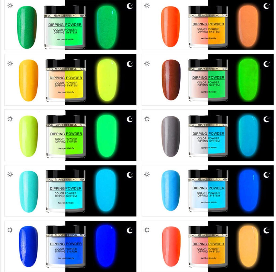 10ml Neon Noctilucent Nail Dipping Powder/Glow In The Dark Powder Fluorescent Luminescent Nail Art Pigment/ Glowing Nail Art Powders