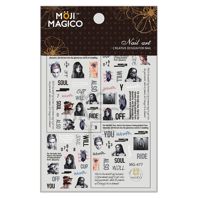 Collage Portrait Nail Sticker/ Girl Face Sticker/Calligraphic 3D Nail Art Stickers Self Adhesive Decals/ Morden Art Nail Polish Supply