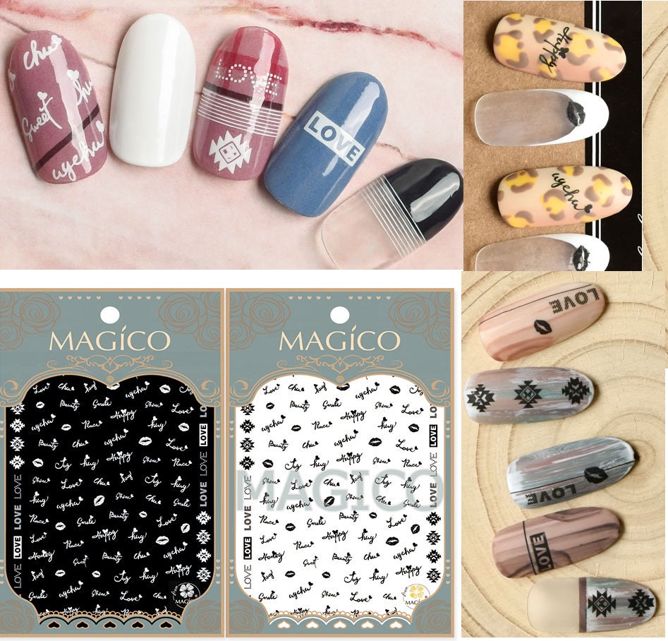 Calligraphic English nail sticker/Hand Writing Peel Off 3D Stickers Self Adhesive Decals/ Nail Polish Black & White Fonts Writing Letter