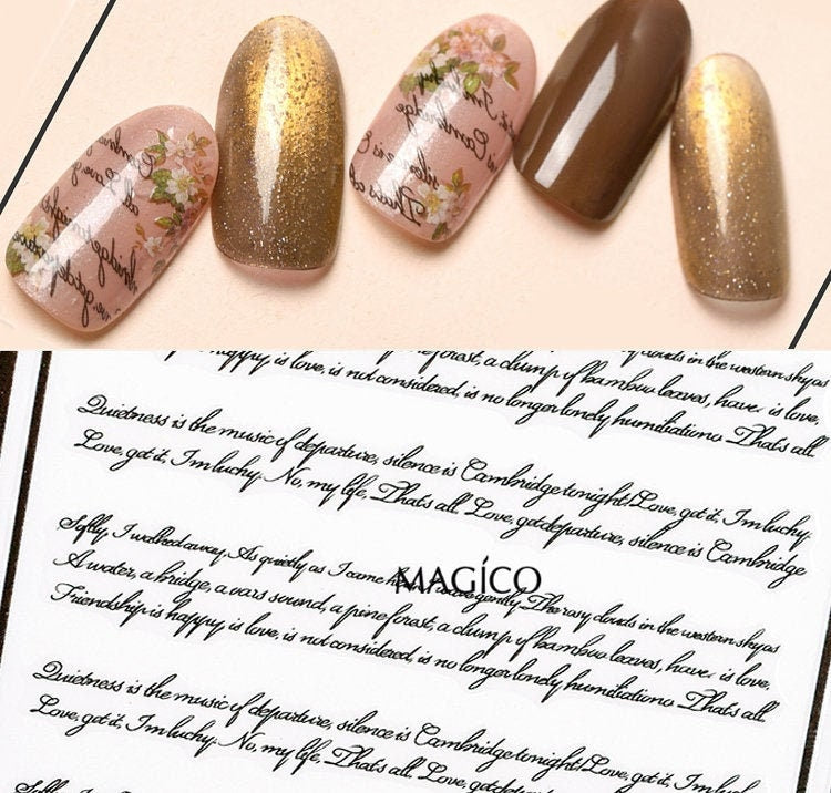Calligraphic English nail sticker/Hand Writing Peel Off 3D Stickers Self Adhesive Decals/ Nail Polish Black & White Fonts Writing Letter