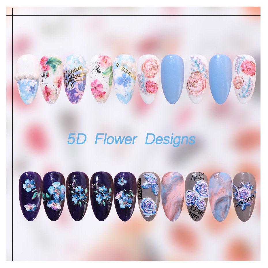 5D Flower series embossed nail sticker/Peel off 3D Floral Nail adhesive/Rose, hibiscus, flamingo Nail art design decal
