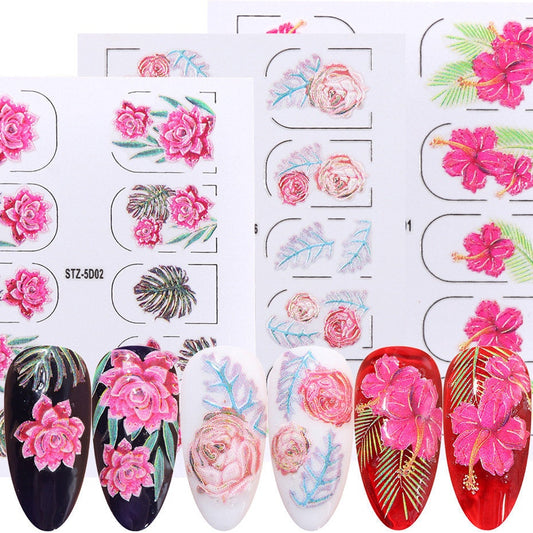 5D Flower series embossed nail sticker/Peel off 3D Floral Nail adhesive/Rose, hibiscus, flamingo Nail art design decal
