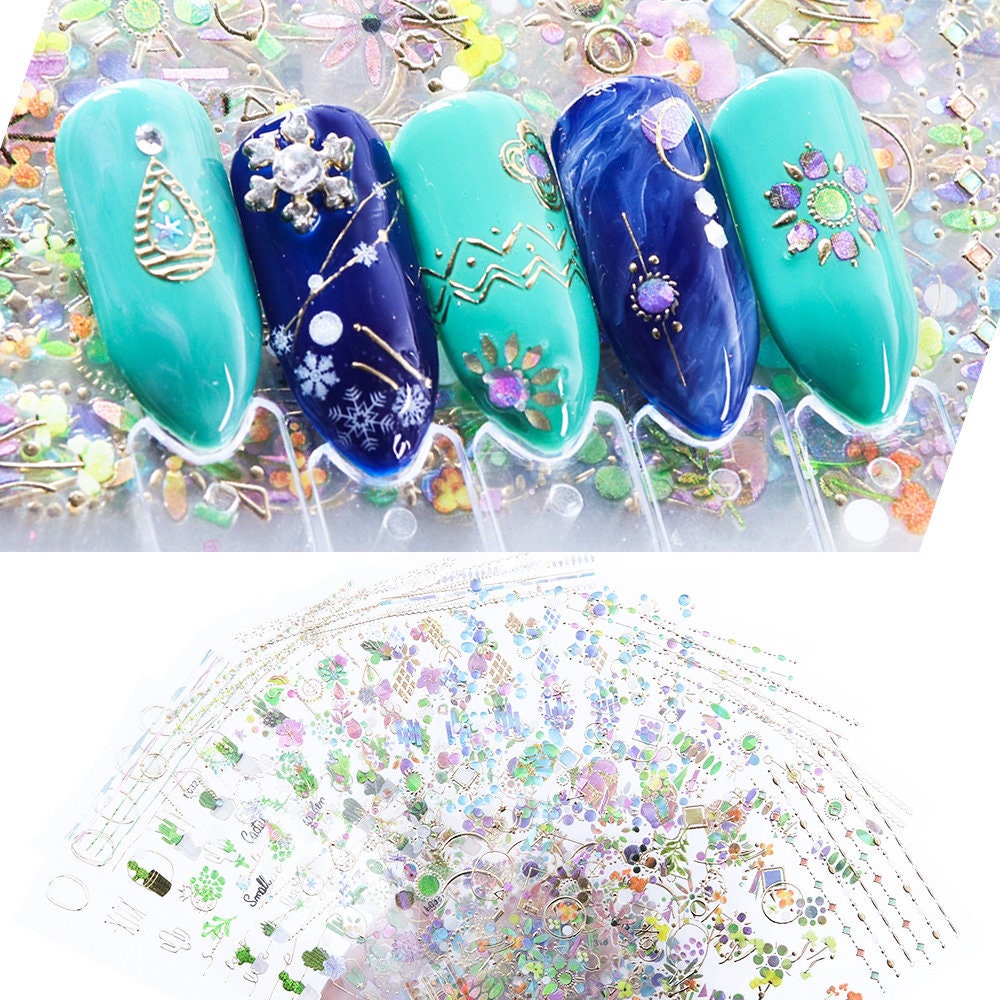 3D Spiritual Epoxy Resin Nail Sticker/ Mindful Nail art gold Stickers/peel off Sticker/ Gold Frame Colorful Cutes crawl manicure stencil