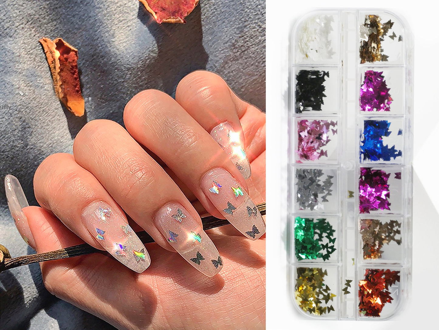 Neon Butterfly Nail art Glitter Flakes/ 3D DIY Metallic butterfly Sequins/ Fairy Tale Instagram Nail art supply/ Butterflies Chips