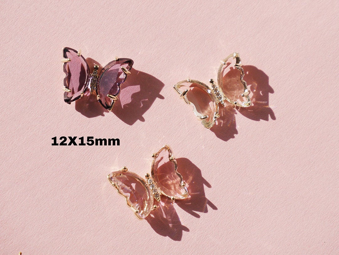 14k gold plated Butterfly 3D Zircon Crystal Nail Ornament Decal/ Clear Pink Butterfly Instagram Influencer Nail Jewelry Fairy Tale Nail Art