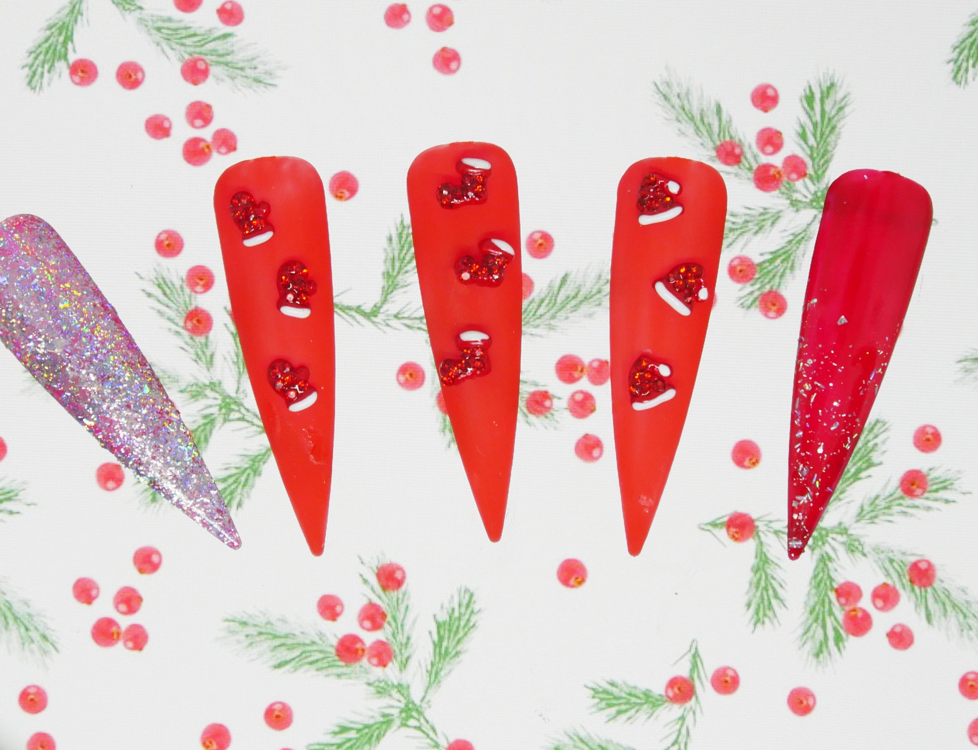 9 pcs 3D Christmas Red Decal/ Rhinestone Nail decoration/ Snow man Santa Merry Christmas holiday nail deco charm/ Glove, socks, hat charms