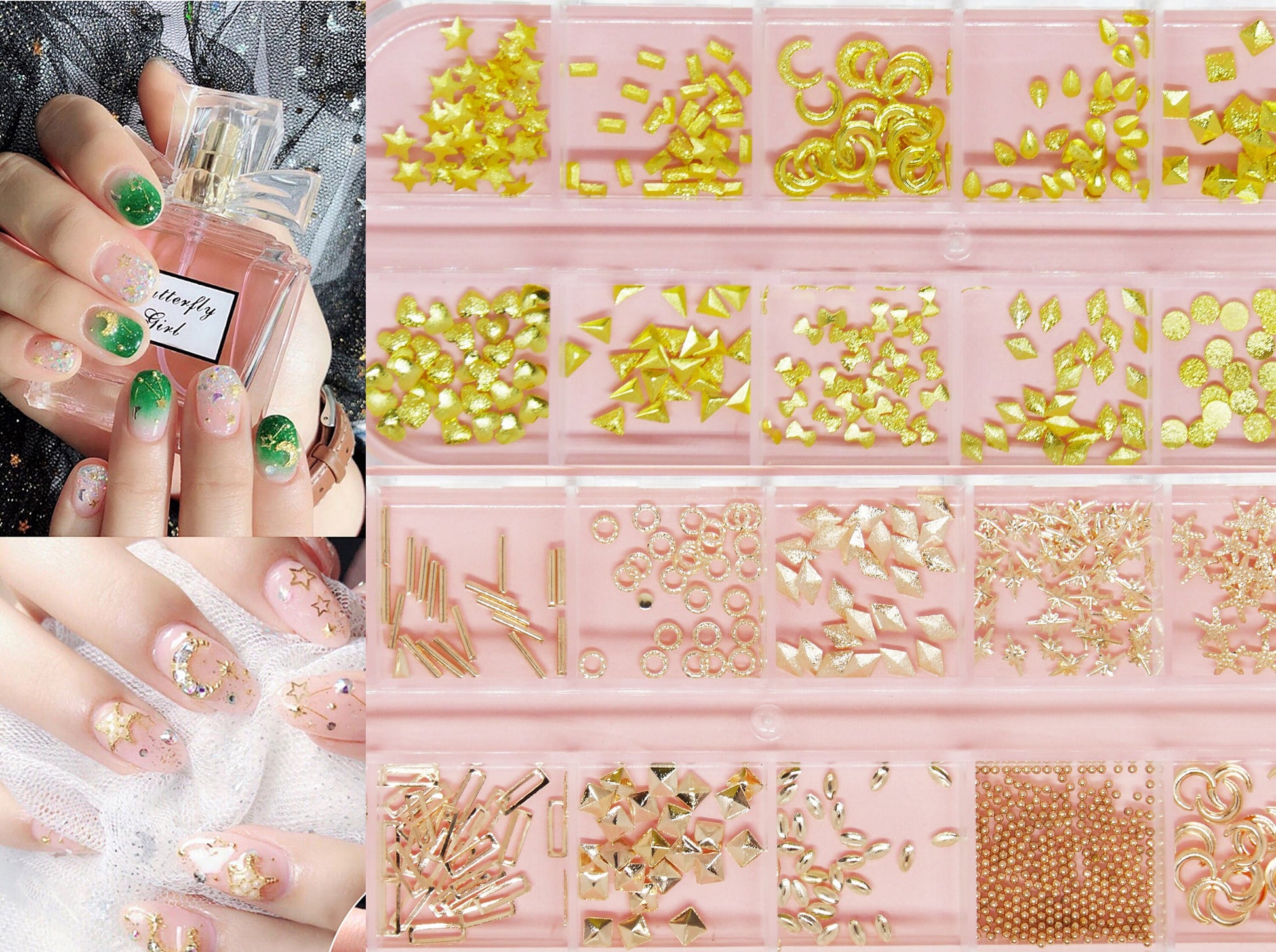 12 grids Moon and star Rivet Glitter Nail Studs Metal Decoration/ Copper Cold starry sky design Nail supply Metallic charms