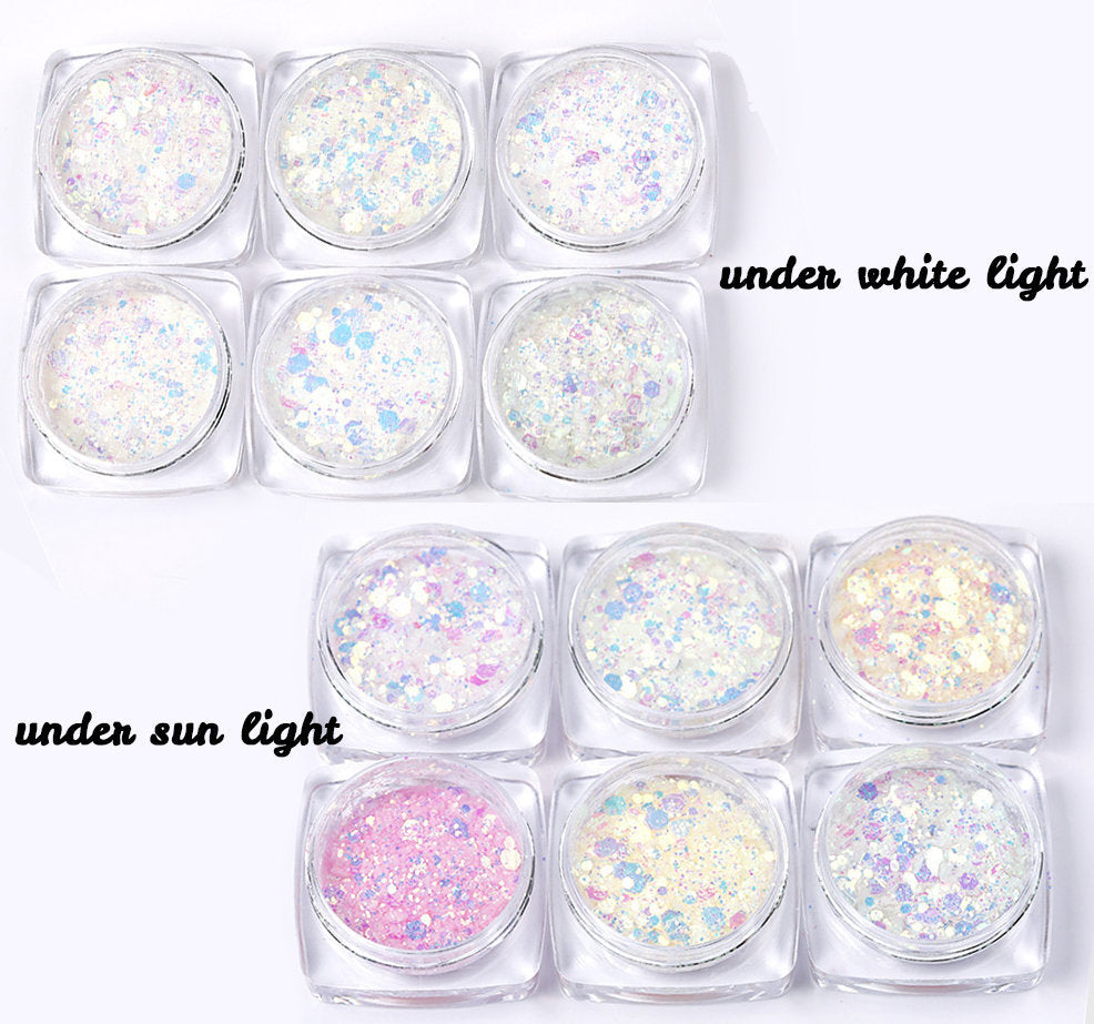 6 jars Hexagon sequins/ Halo Nail Flakes 3D DIY hexagon laser transparent Sequins/allochromatic mixed size glitter flakes for handmade