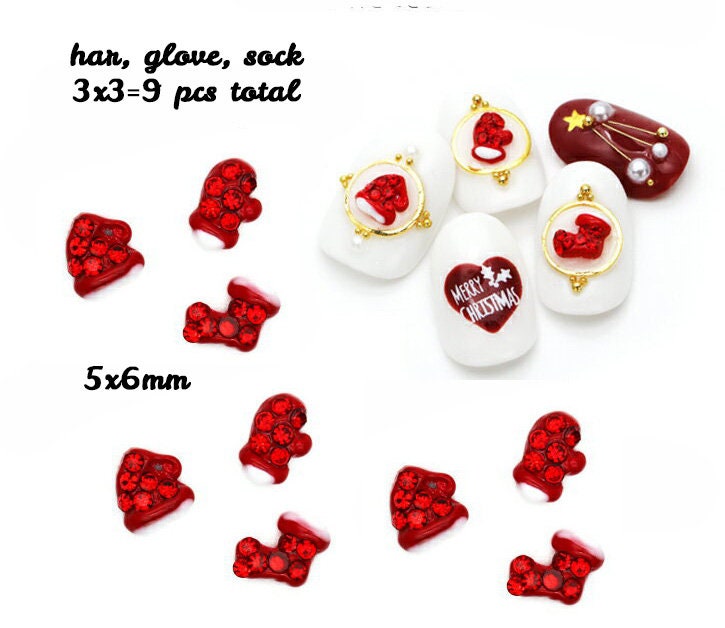 9 pcs 3D Christmas Red Decal/ Rhinestone Nail decoration/ Snow man Santa Merry Christmas holiday nail deco charm/ Glove, socks, hat charms