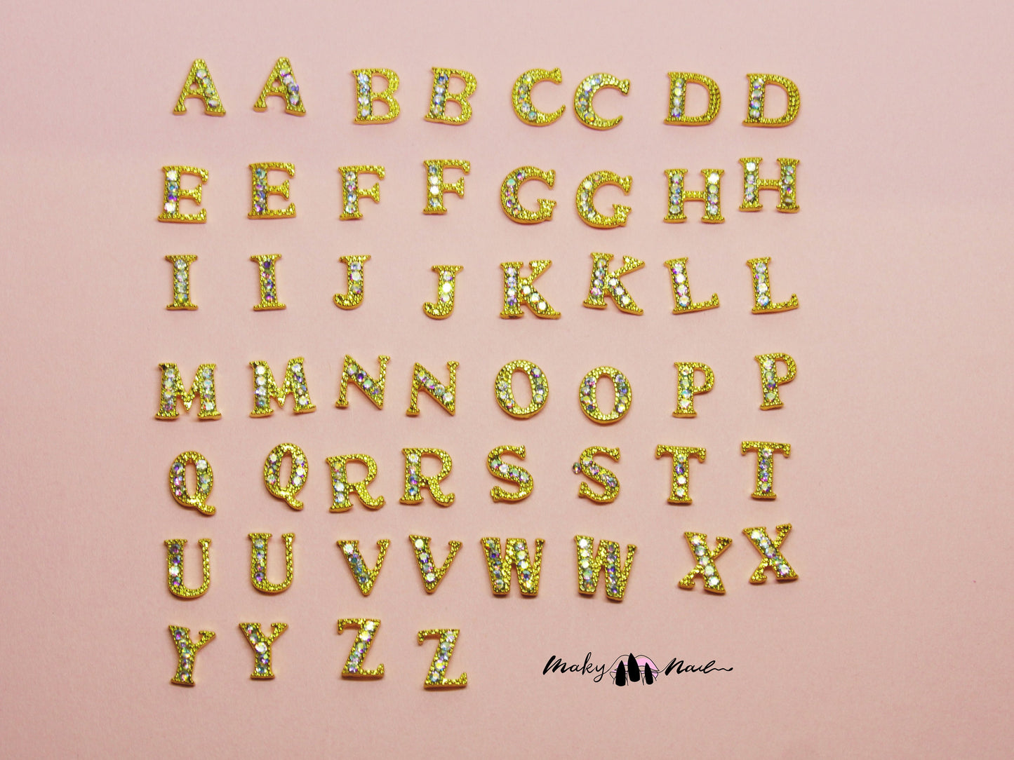2 pcs A-Z English Letters Gold 3D Metallic Rhinestone nail studs /AB stone nail art charm 