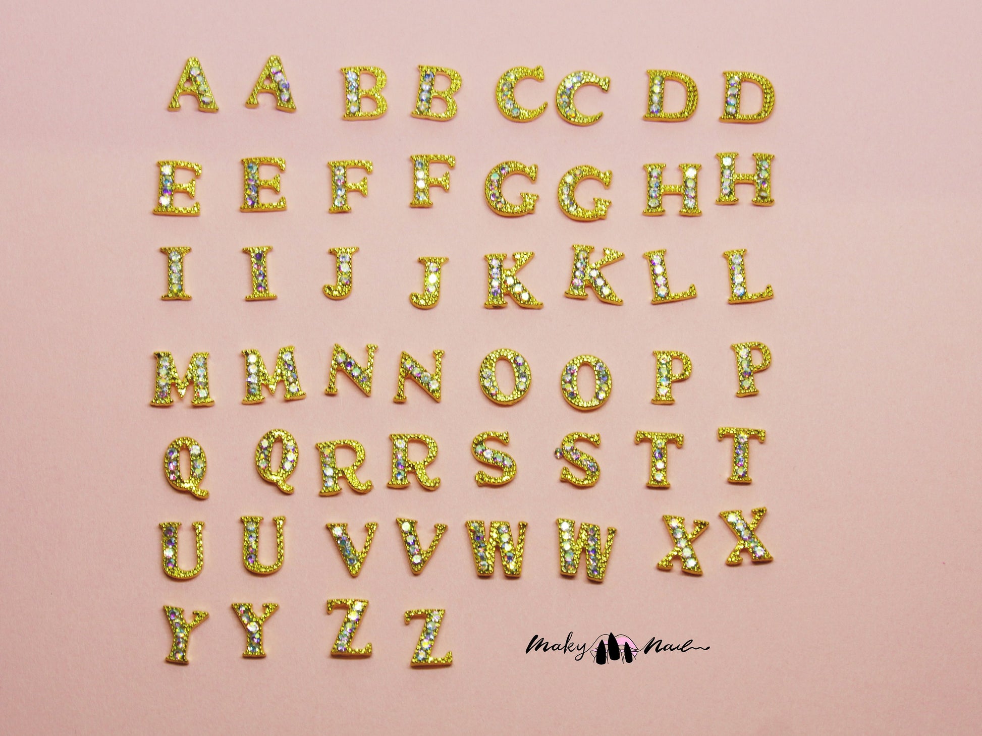 2 pcs A-Z English Letters Gold 3D Metallic Rhinestone nail studs /AB stone nail art charm 