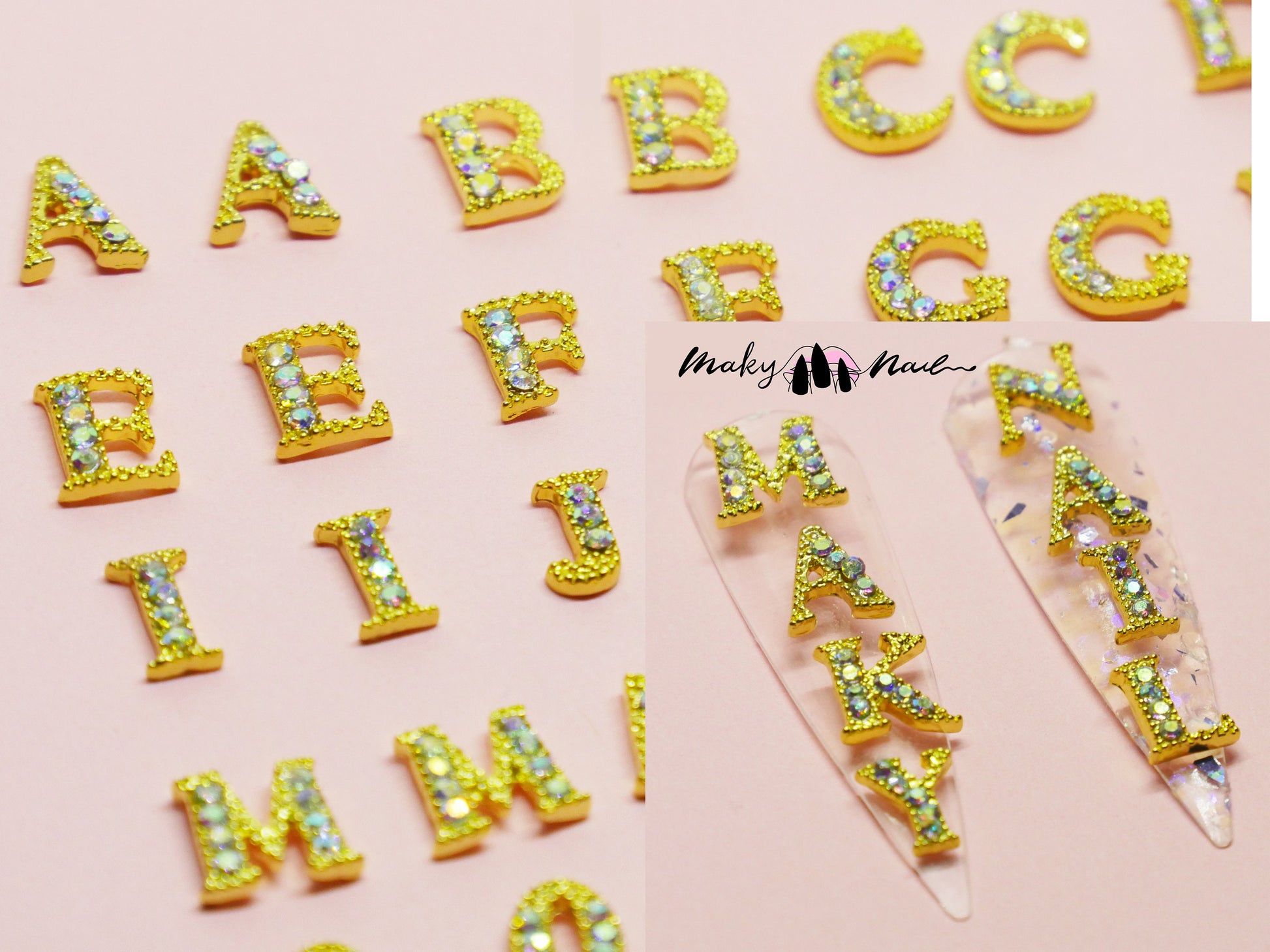 2 pcs A-Z English Letters Gold 3D Metallic Rhinestone nail studs /AB stone nail art charm 