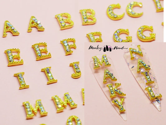 2 pcs A-Z English Letters Gold 3D Metallic Rhinestone nail studs /AB stone nail art charm 