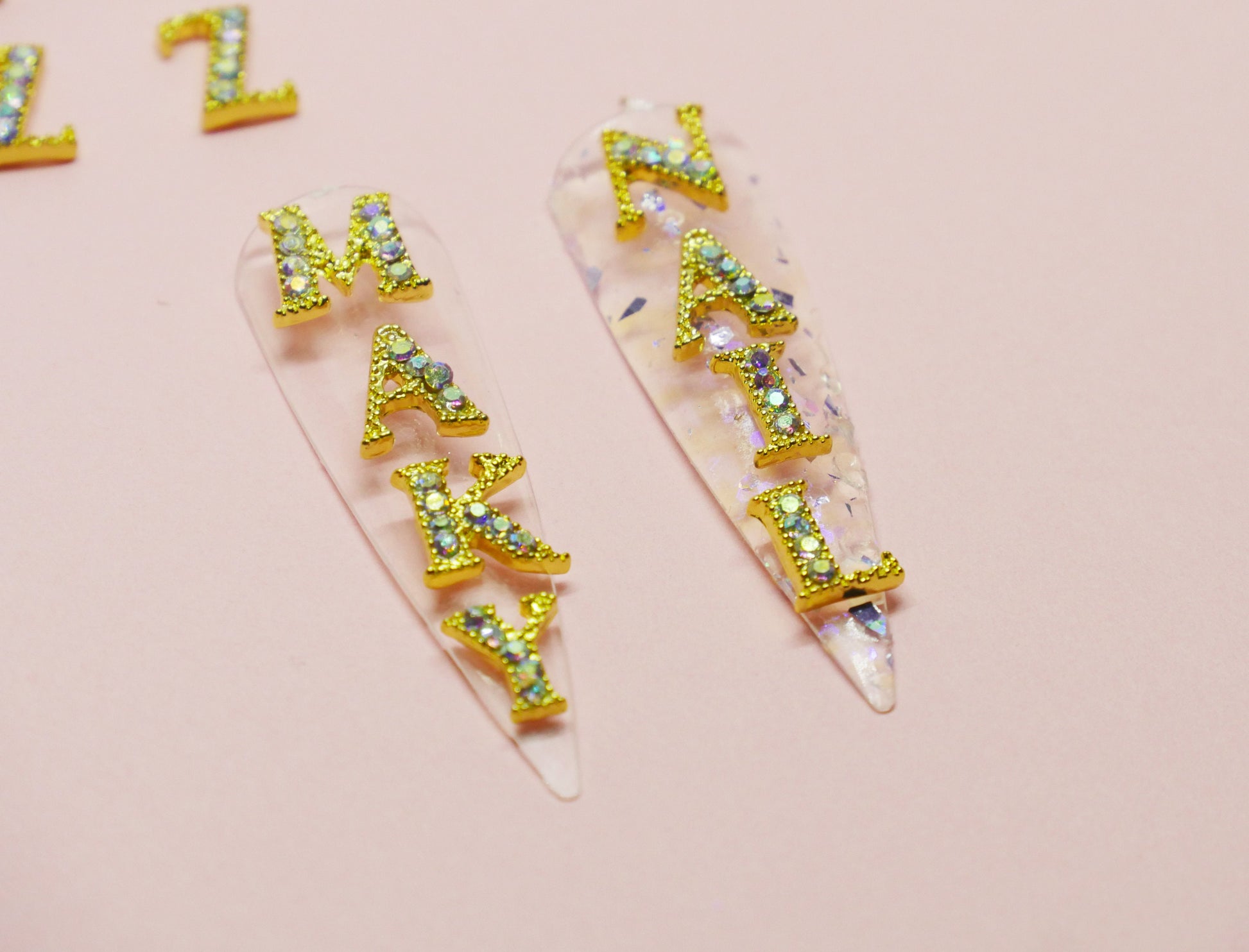 2 pcs A-Z English Letters Gold 3D Metallic Rhinestone nail studs /AB stone nail art charm 