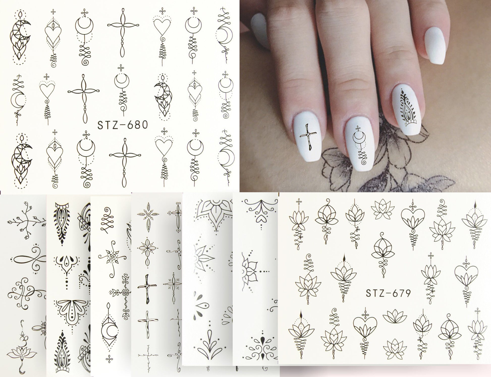 8 pcs Totem Mehndi Henna Nail Tattoo Decals/Instagram nail sticker/Water Transfer Nail tattoo Stickers Decals/ Pretty Miniature Appliques