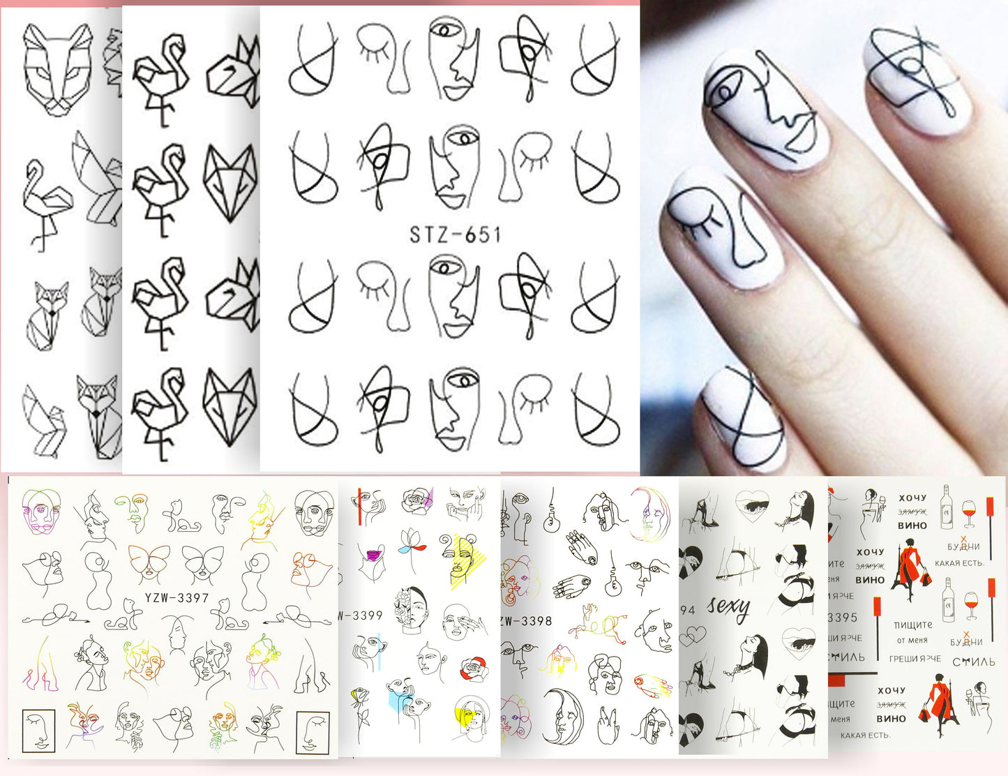 3 pcs Abstract pattern nail Tattoo/ Water transfer Minimalism Animal Outline Tattoos sticker/ linellae Women face nail Decals Supply