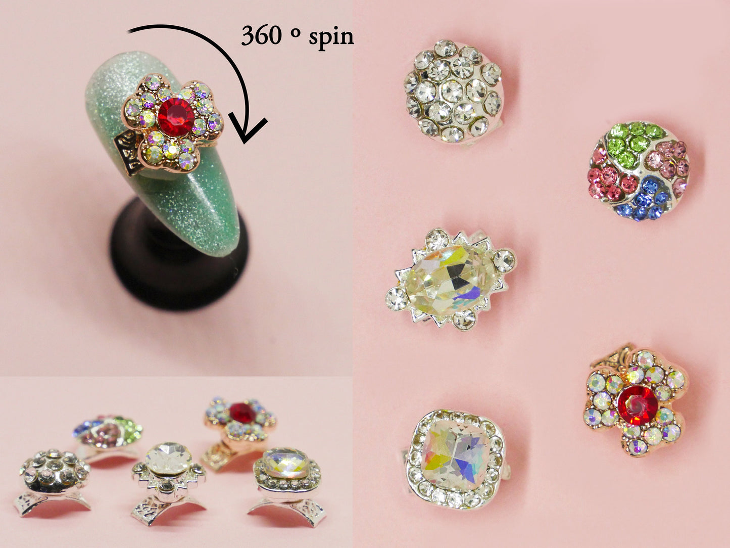 3D Spinning Crystal nail decoration/ Exquisite flower fast speed rotating plated nail jewelry