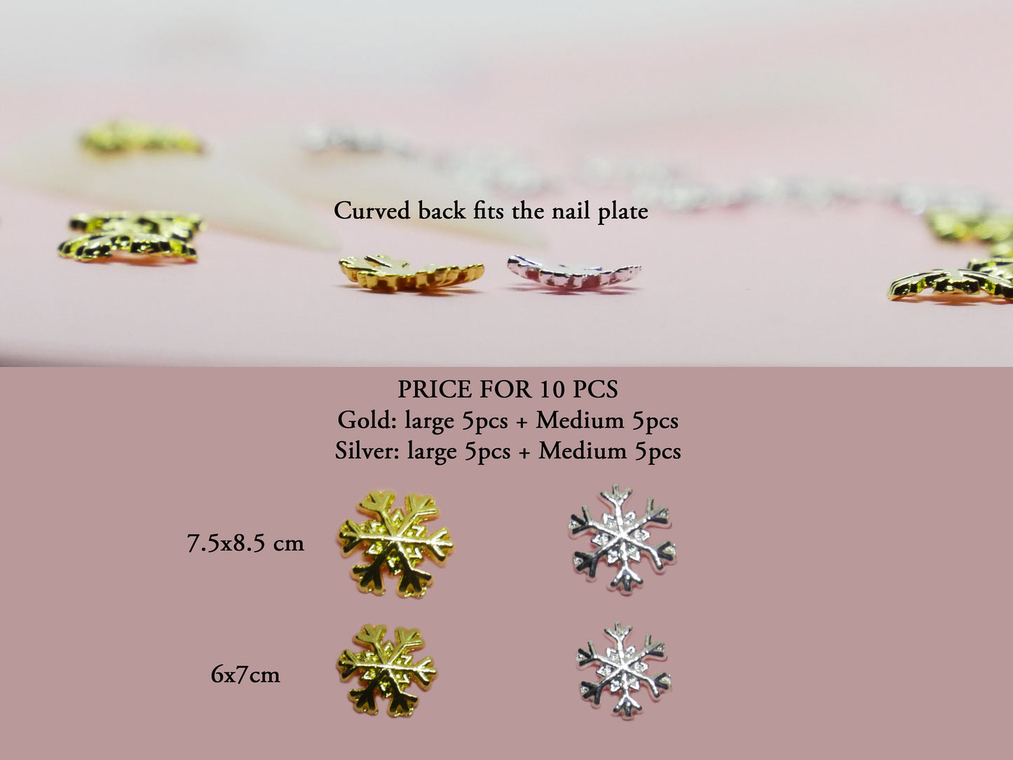 10 pcs Snow Nail supply Metallic studs /Christmas Theme Design Nail / Winter Snow Flake UV Resin gold silver charm