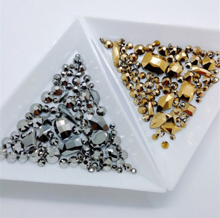Metallic Plated Gun black Gold Nail jewelry Diamond set/ Black Crystal nail art rhinestones