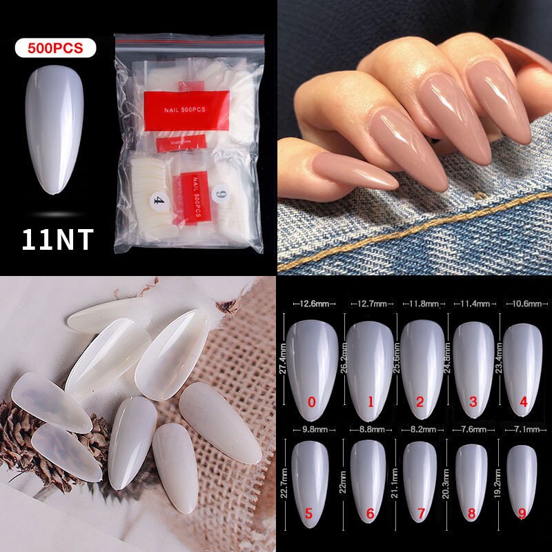 500 pcs Full Cover Stiletto Almond False Fake Nails Tips Manicure nail well tips/ Clear full Acrylic UV Gel Manicure Nail Tips