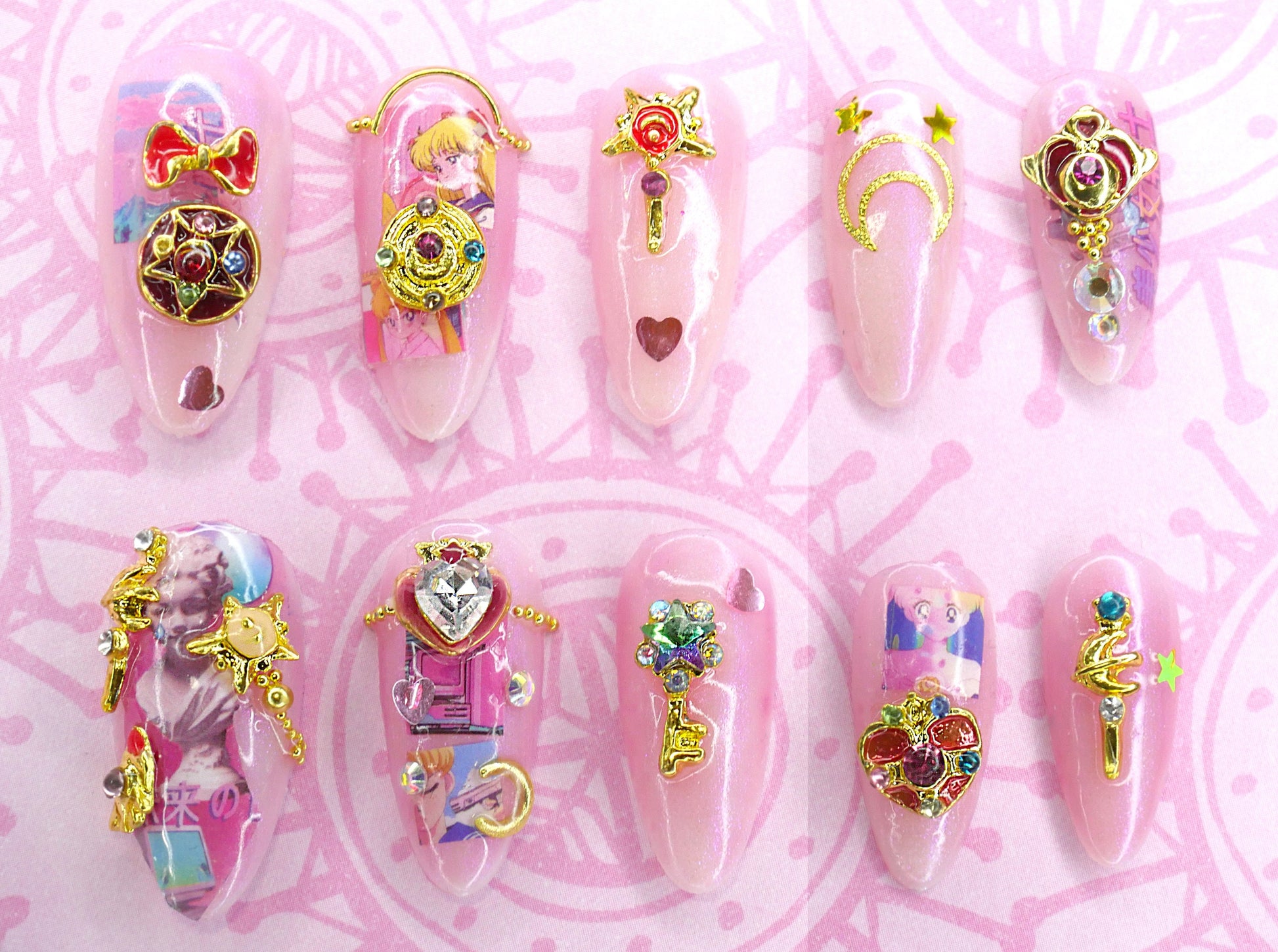 12 pcs Sailor Moon nail decoration/ Sailor Moon Gacha Spiral Heart Moon Rod Wand Japanese nail art charm