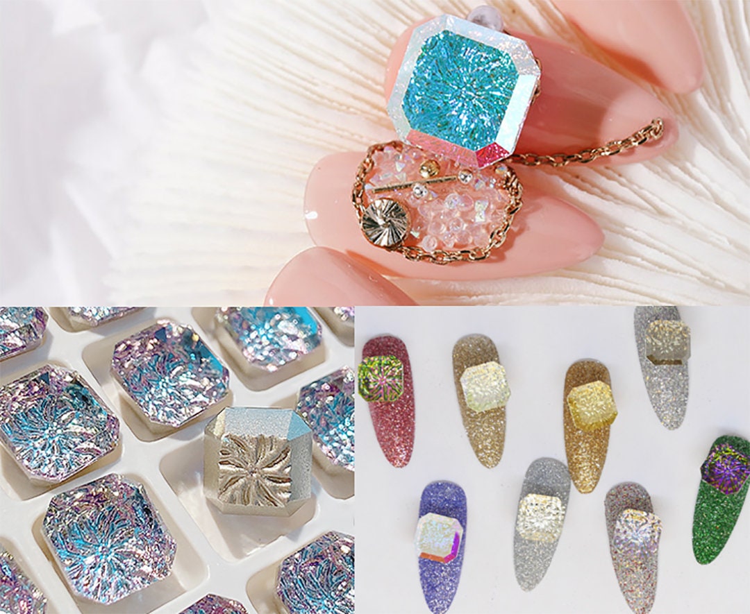 3D Glass Crystal Nail Ornament Decal/ Aurora Polar Light iridescent Square Diamond Instagram Influencer Nail Jewelry Studs