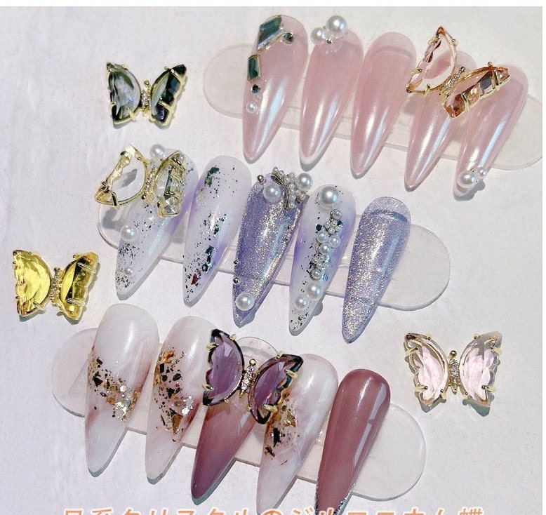 14k gold plated Butterfly 3D Zircon Crystal Nail Ornament Decal/ Clear Pink Butterfly Instagram Influencer Nail Jewelry Fairy Tale Nail Art