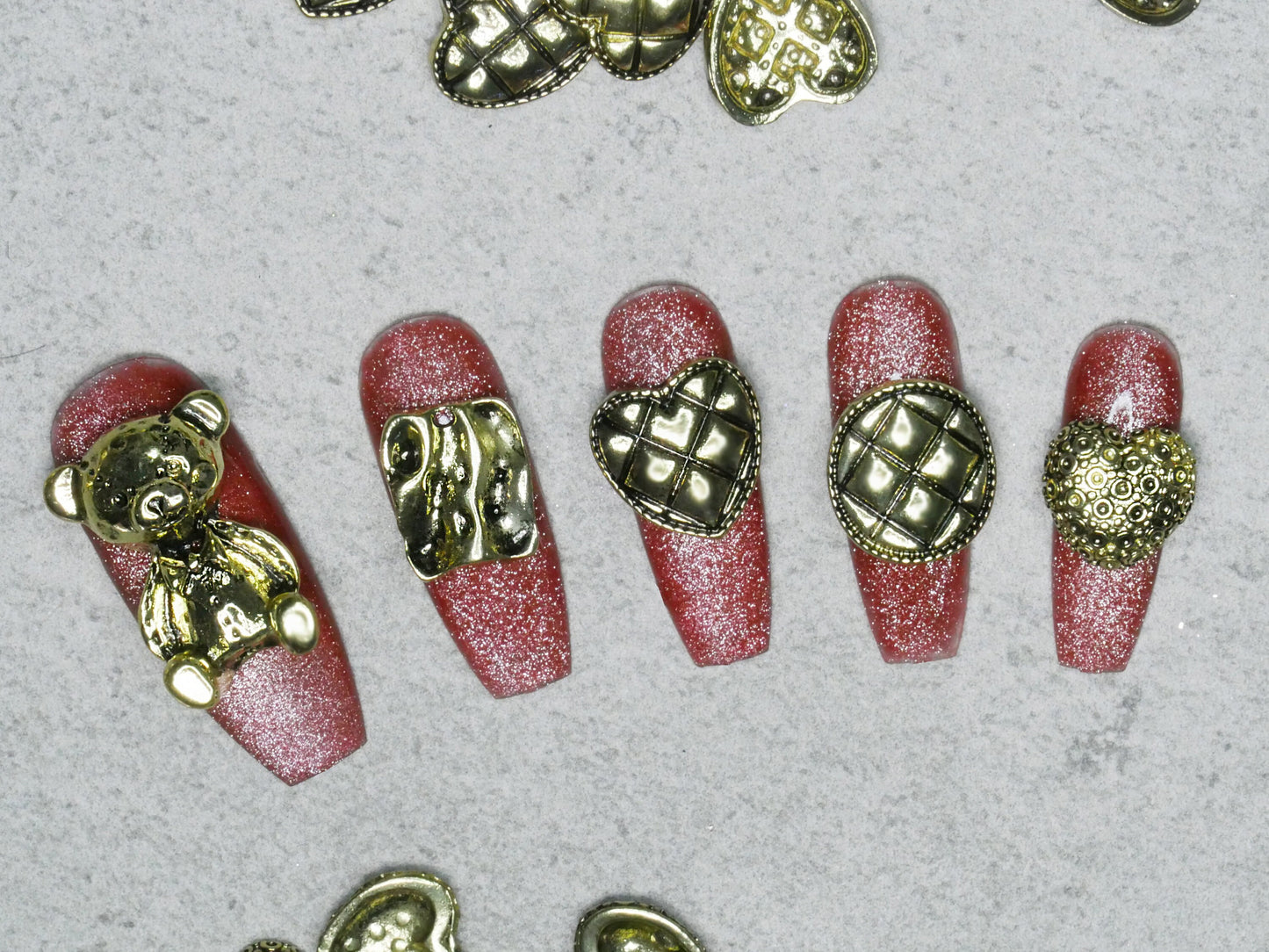 9 pcs 3D Antique Vintage Punk Teddy bear nail decoration/ Bronze Metallic Heart Shaped Decal Nail DIY deco