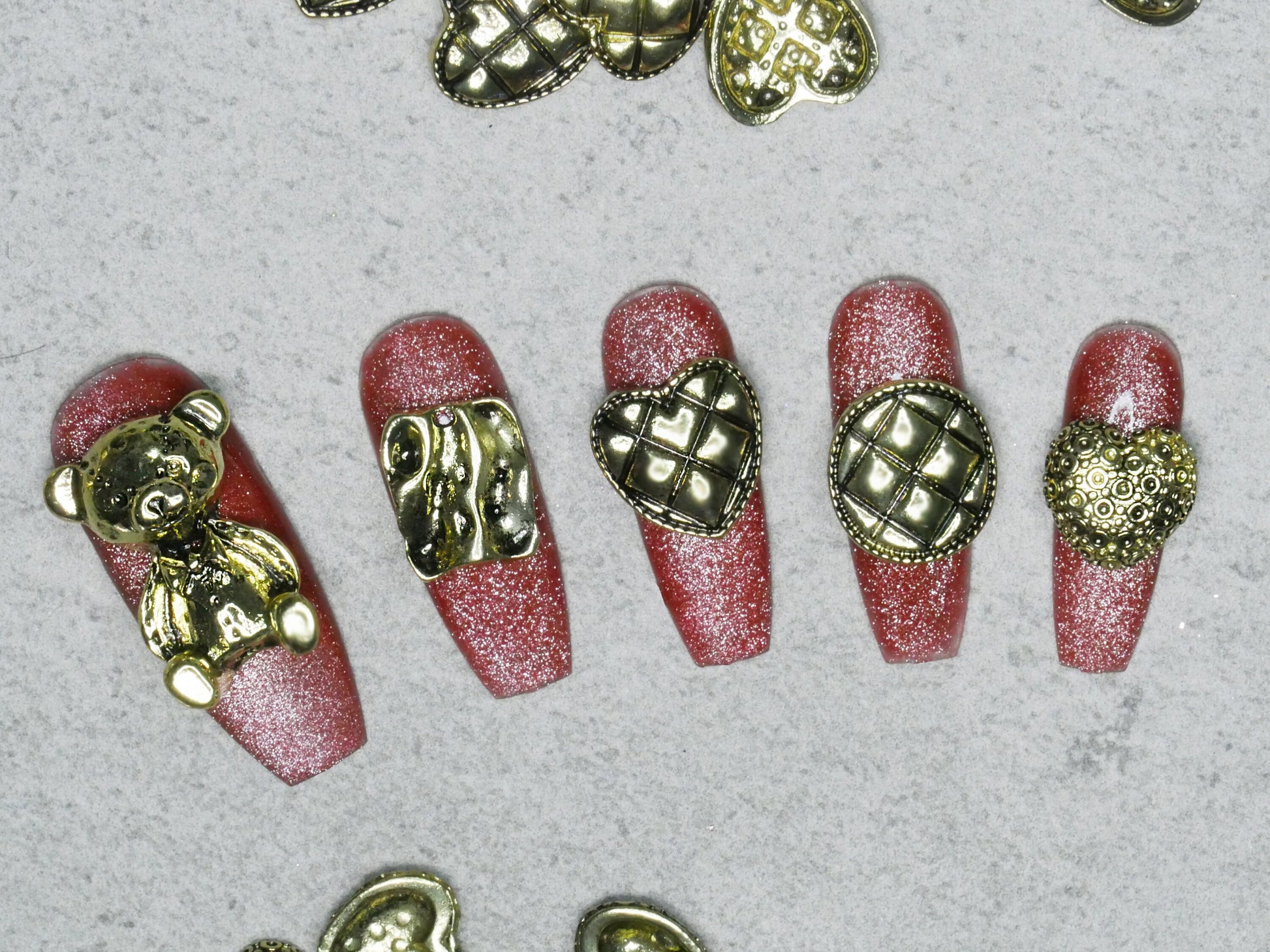 9 pcs 3D Antique Vintage Punk Teddy bear nail decoration/ Bronze Metallic Heart Shaped Decal Nail DIY deco