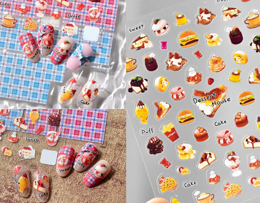 Foodie nail sticker/Burger Pizza Fries Macaron Cake Sweets Nail Art Stickers Self Adhesive Decals/Ultra Thin peel off kids nails