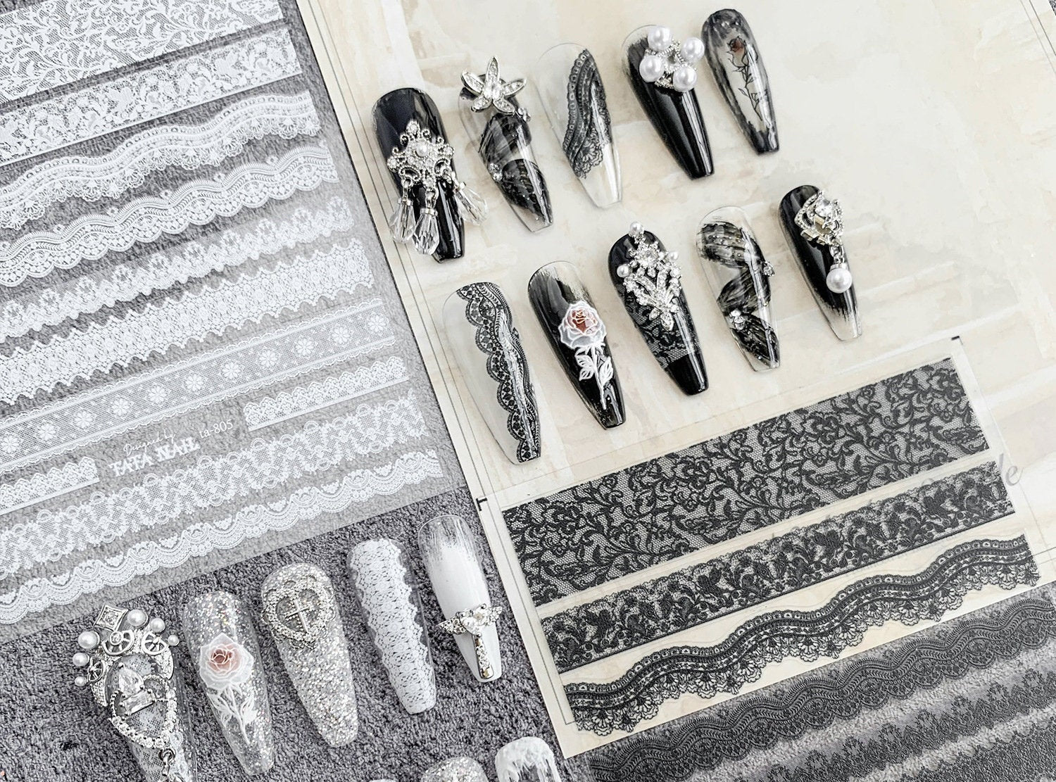 Wedding Bride Lace Nail Sticker Black White Ultra thin laces Peel off stencils