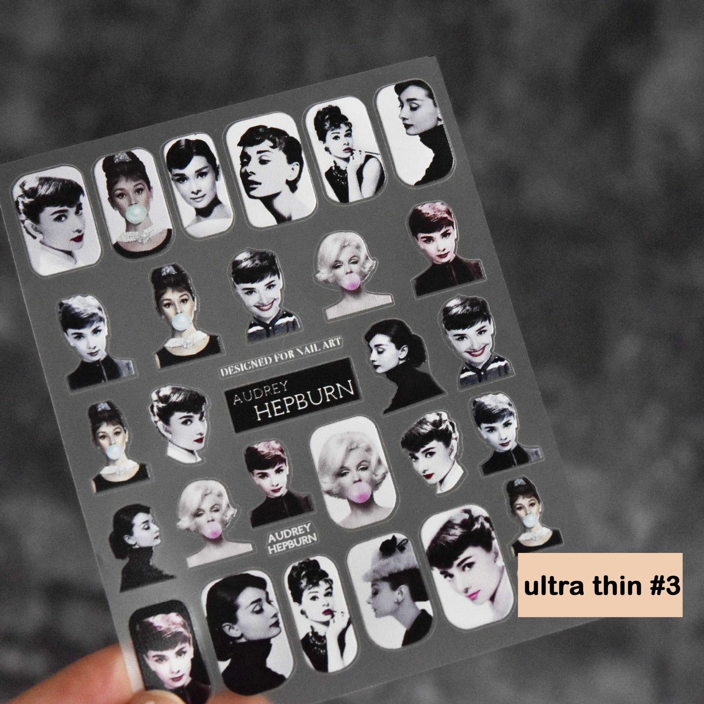 Marilyn Monroe Portrait Nail Sticker Audrey Hepburn Stickers Self Adhesive Decals Bubble Gum Black and White nail art Pin Up Pop Art