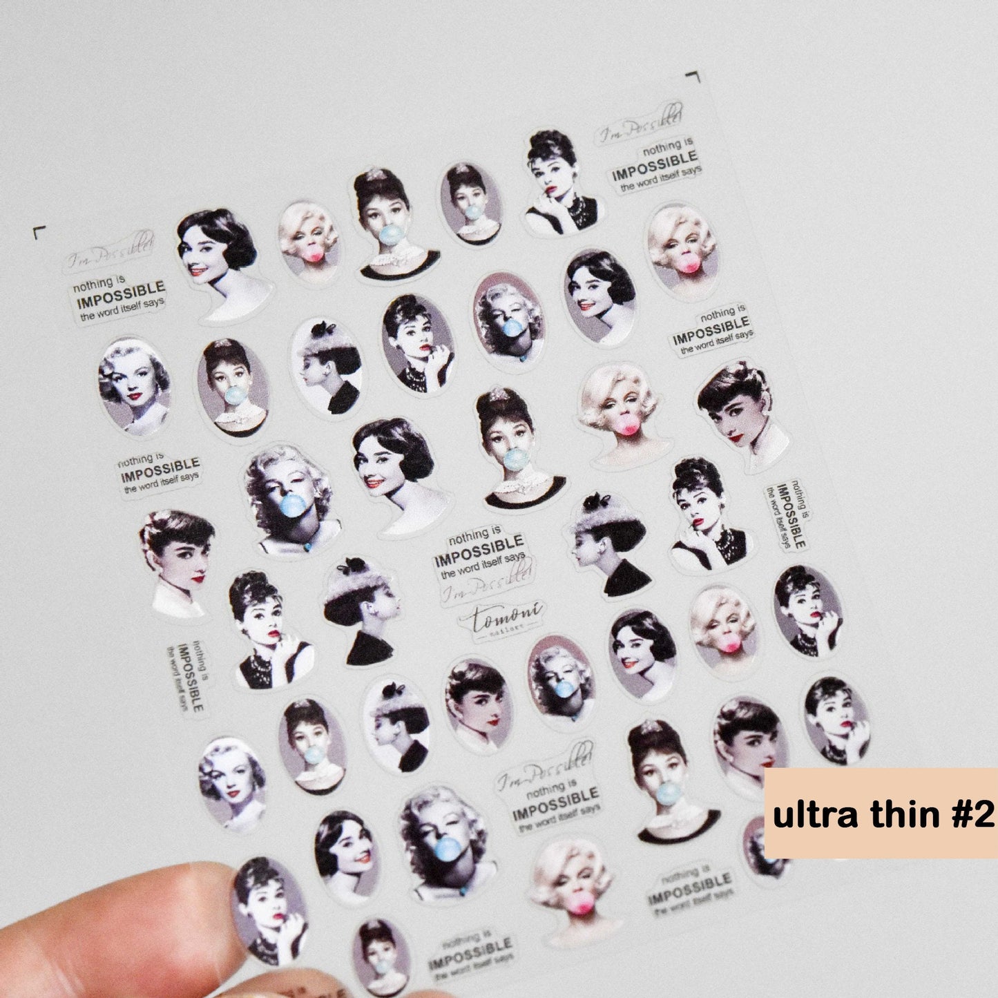 Marilyn Monroe Portrait Nail Sticker Audrey Hepburn Stickers Self Adhesive Decals Bubble Gum Black and White nail art Pin Up Pop Art