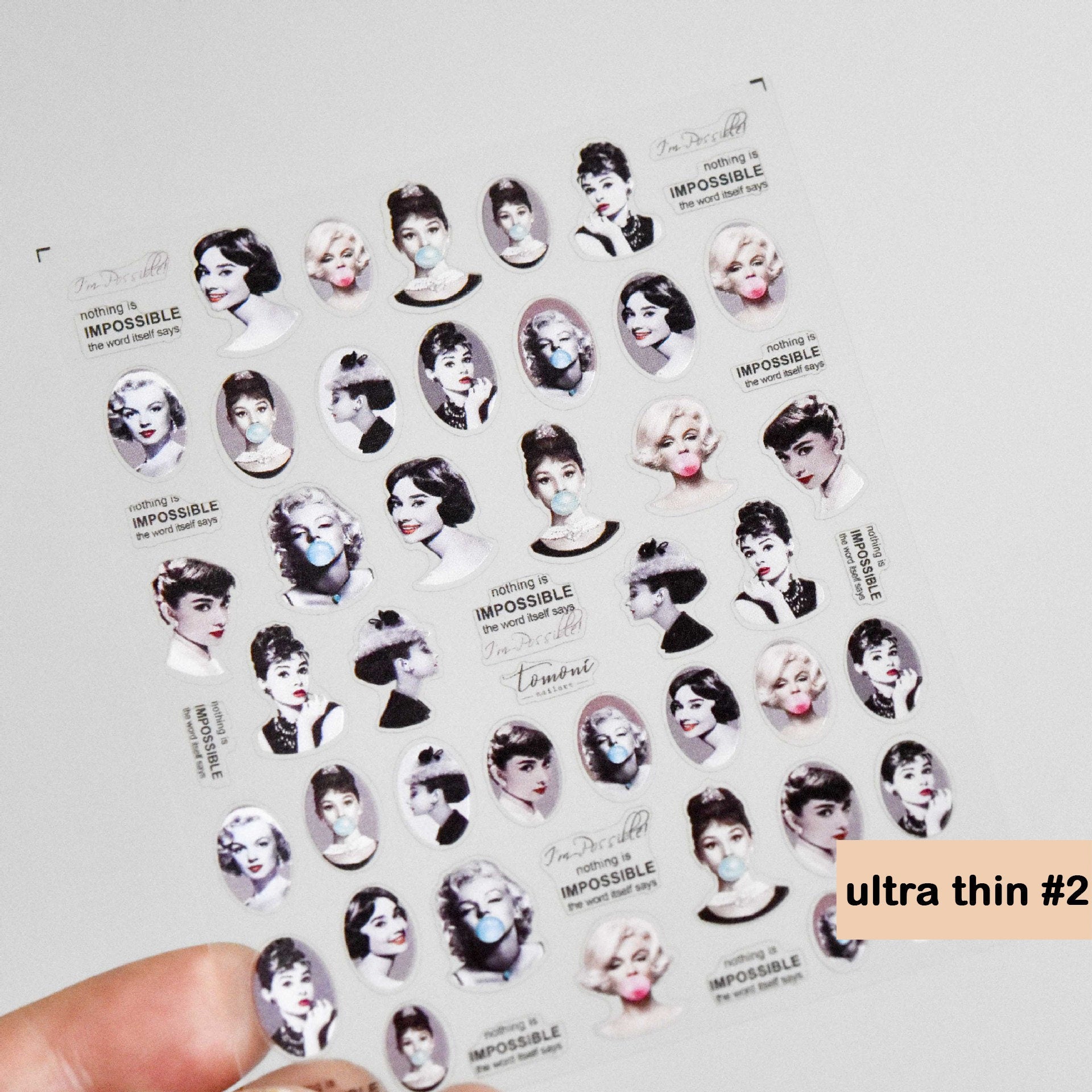 Marilyn Monroe Portrait Nail Sticker Audrey Hepburn Stickers Self Adhesive Decals Bubble Gum Black and White nail art Pin Up Pop Art