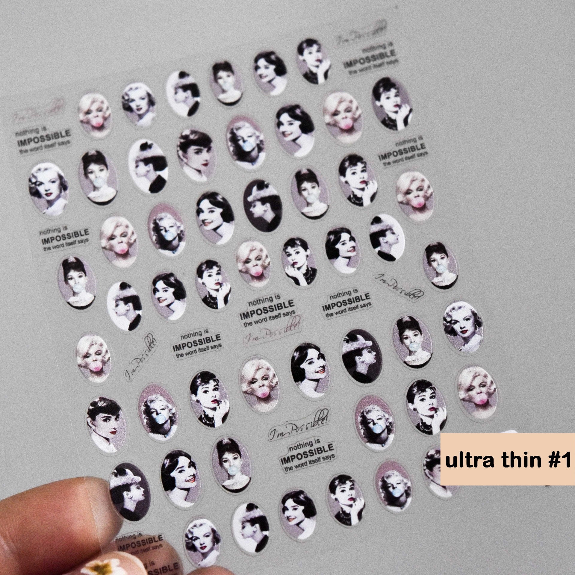 Marilyn Monroe Portrait Nail Sticker Audrey Hepburn Stickers Self Adhesive Decals Bubble Gum Black and White nail art Pin Up Pop Art