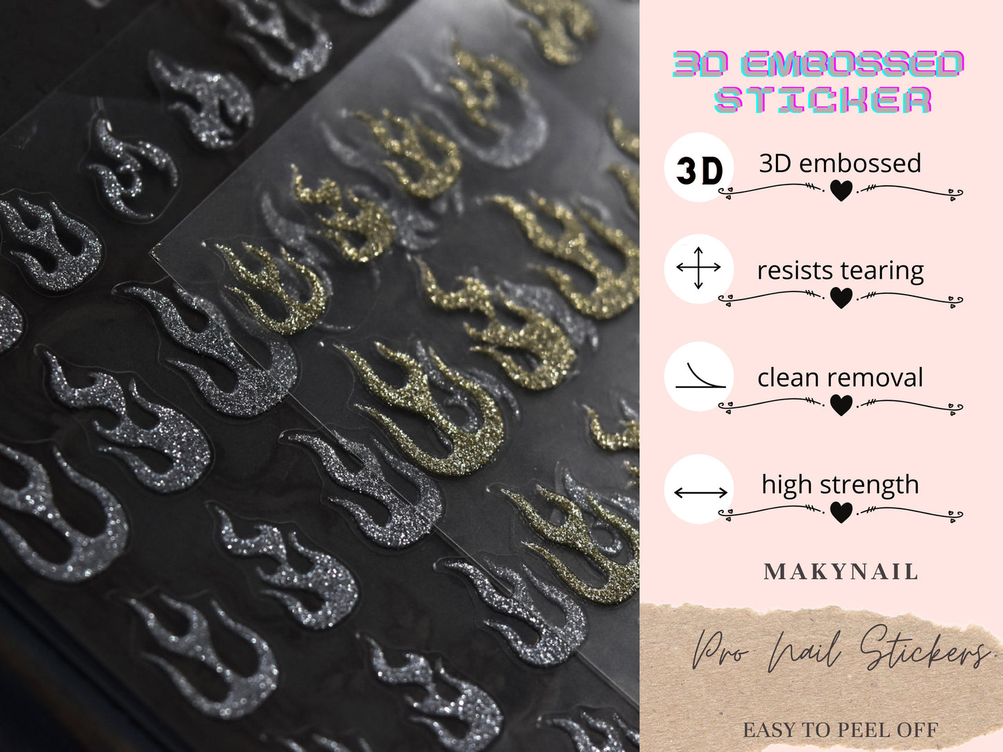 Flame Nail Art Stickers/Nail Decals Acrylic Nail Art Supplies Self Adhesive Decals/ 3D Red Gold SilverFire Peel off Manicure decals