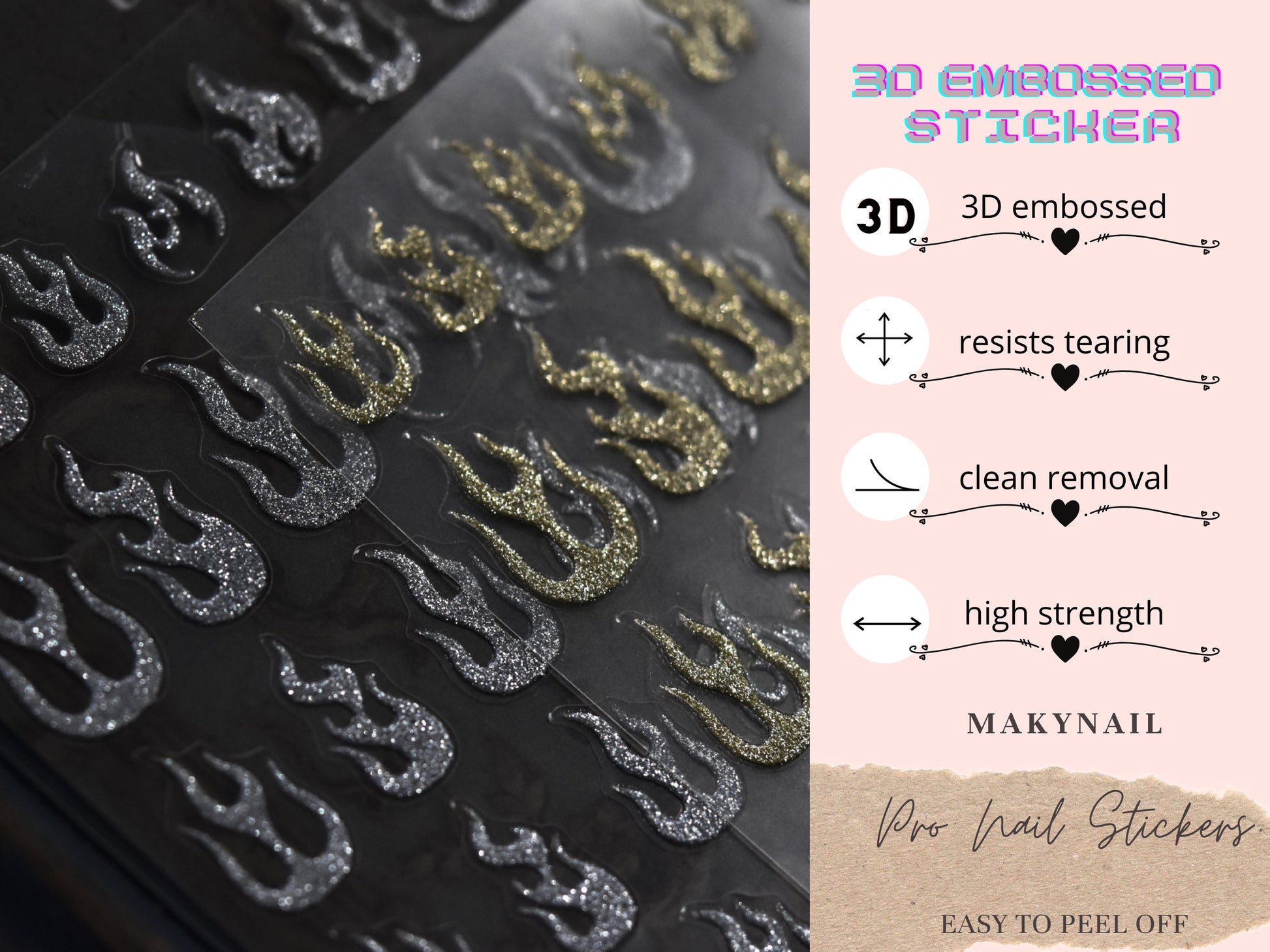 Flame Nail Art Stickers/Nail Decals Acrylic Nail Art Supplies Self Adhesive Decals/ 3D Red Gold SilverFire Peel off Manicure decals