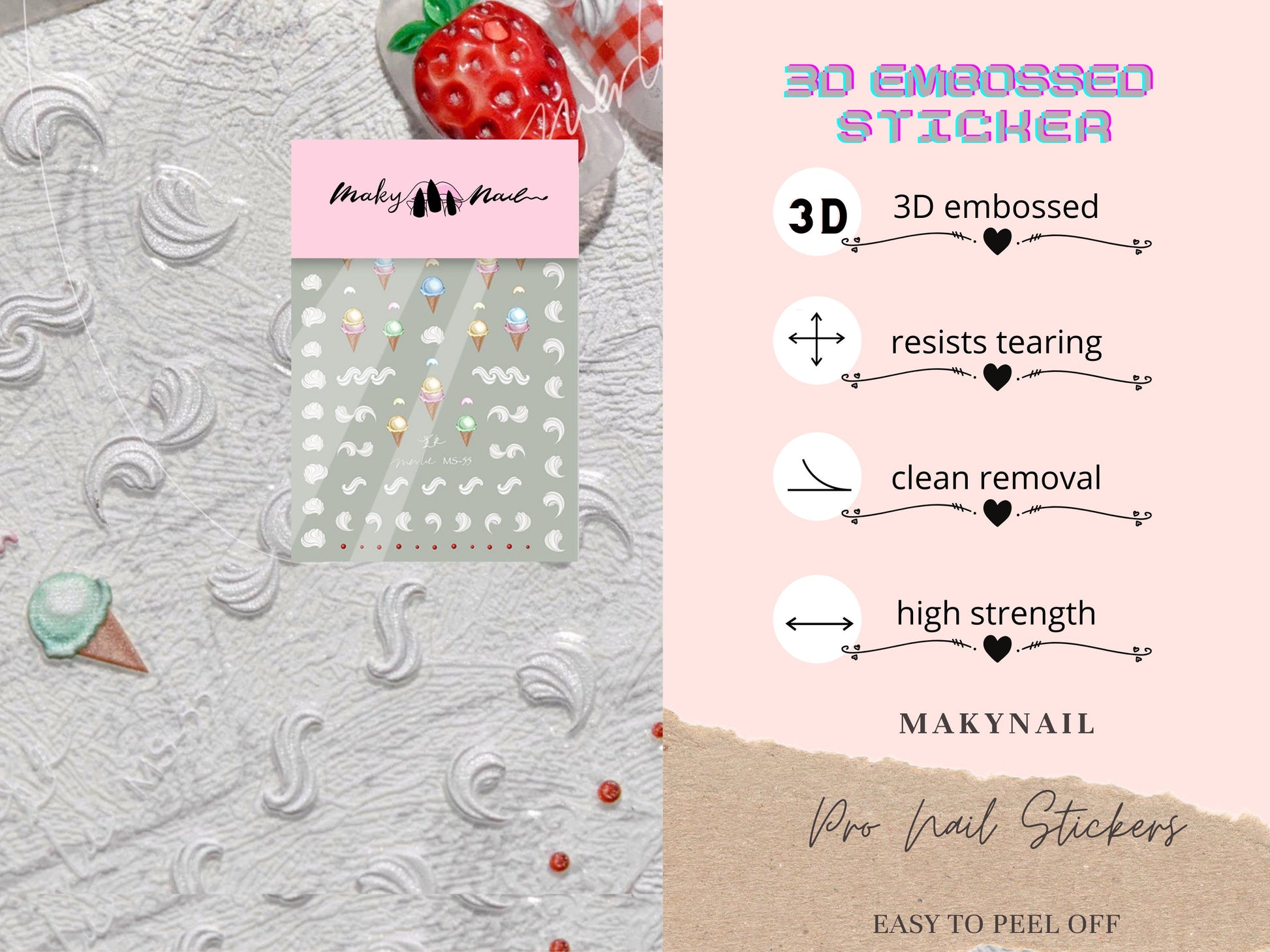 5D Strawberry Nail sticker/Ice-cream Red Grids 3D nail Cream Sweets Self Adhesive Decals/Embossed Ultra Thin peel off Strawberries stickers