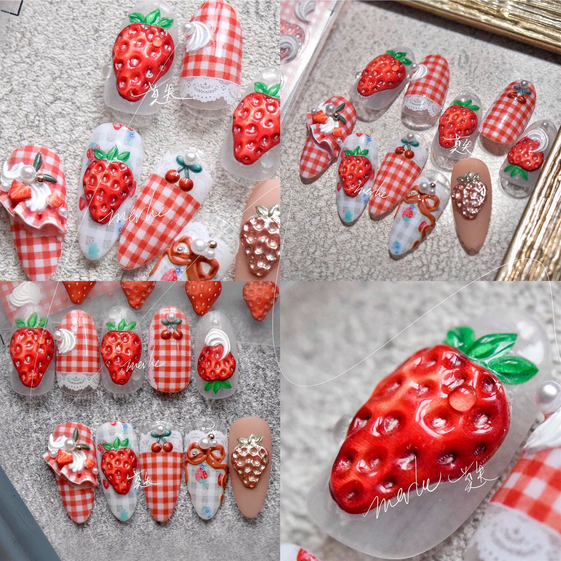 5D Strawberry Nail sticker/Ice-cream Red Grids 3D nail Cream Sweets Self Adhesive Decals/Embossed Ultra Thin peel off Strawberries stickers