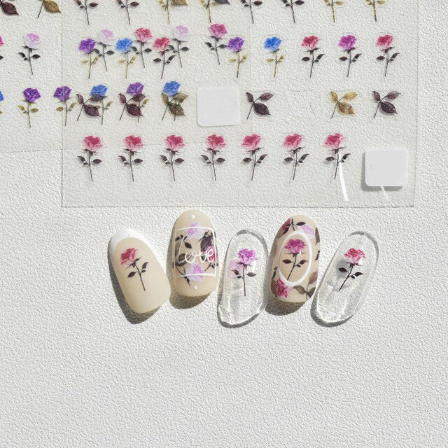 Flower Bouquet Theme nail sticker/ wild flower and leaf 1 Sheet 3D Nail Art Stickers Self Adhesive Decals/ Woodland Miniature Floral Nail