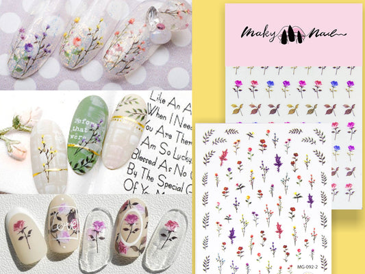 Flower Bouquet Theme nail sticker/ wild flower and leaf 1 Sheet 3D Nail Art Stickers Self Adhesive Decals/ Woodland Miniature Floral Nail