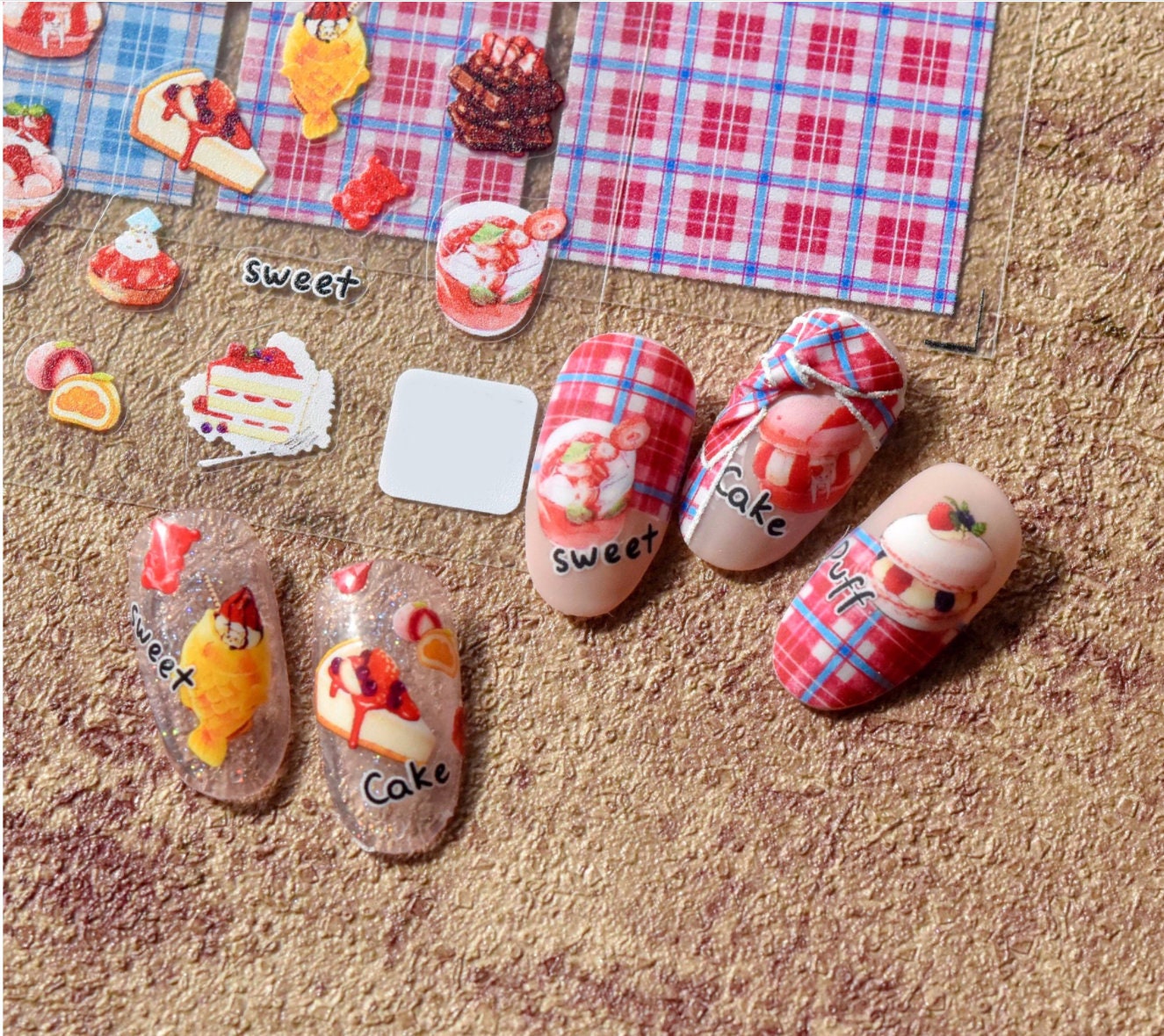 Foodie nail sticker/Burger Pizza Fries Macaron Cake Sweets Nail Art Stickers Self Adhesive Decals/Ultra Thin peel off kids nails
