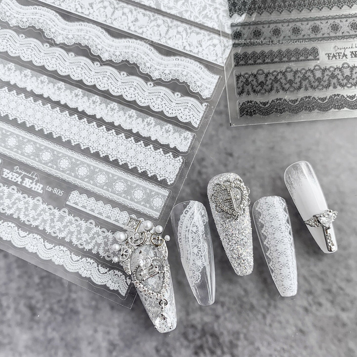 Wedding Bride Lace Nail Sticker Black White Ultra thin laces Peel off stencils