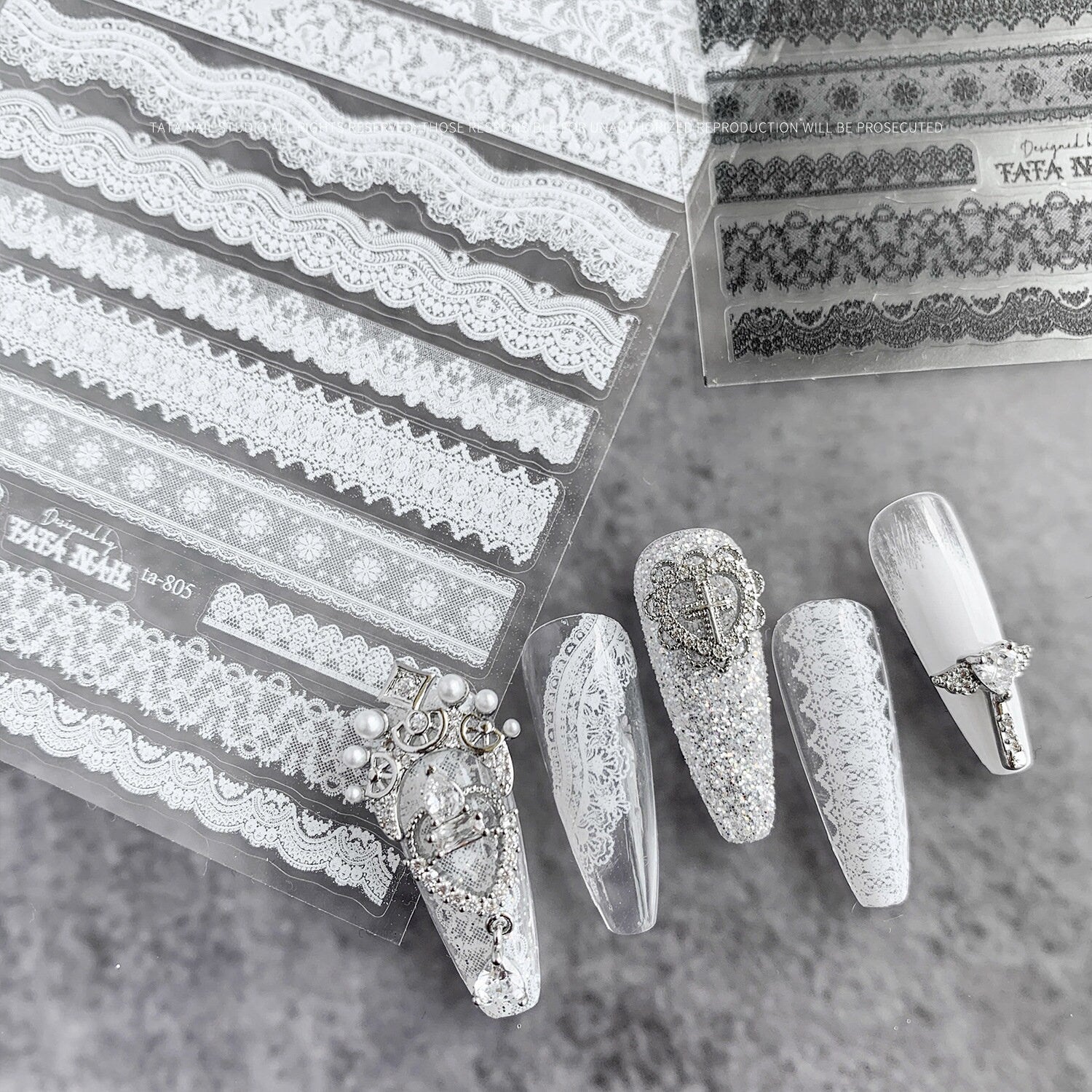 Wedding Bride Lace Nail Sticker Black White Ultra thin laces Peel off stencils