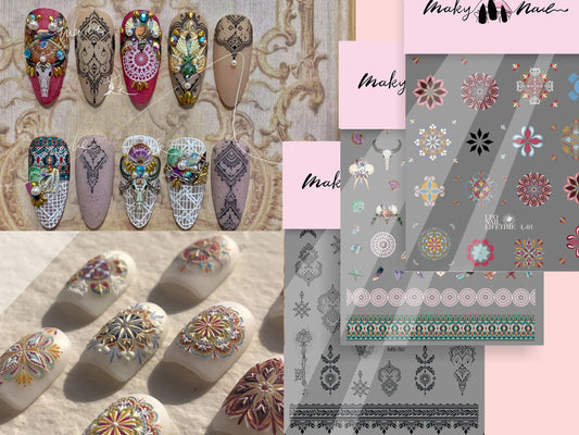 Mehndi Totem pattern nail sticker/ Tribe Hippy 3D Nail Art Stickers Self Adhesive Decals/ Henna Tattoo Lace Nail Art Decals