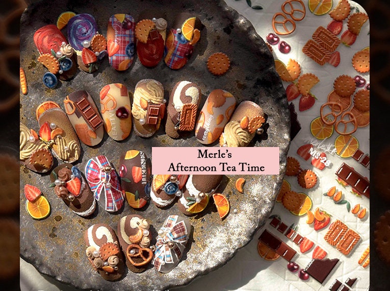 Afternoon Tea Foodie nail sticker/Cookie Chocolates Sweets Self Adhesive Decals/3D Ultra Thin peel off Strawberry Lemon Cherry Fruits Nails