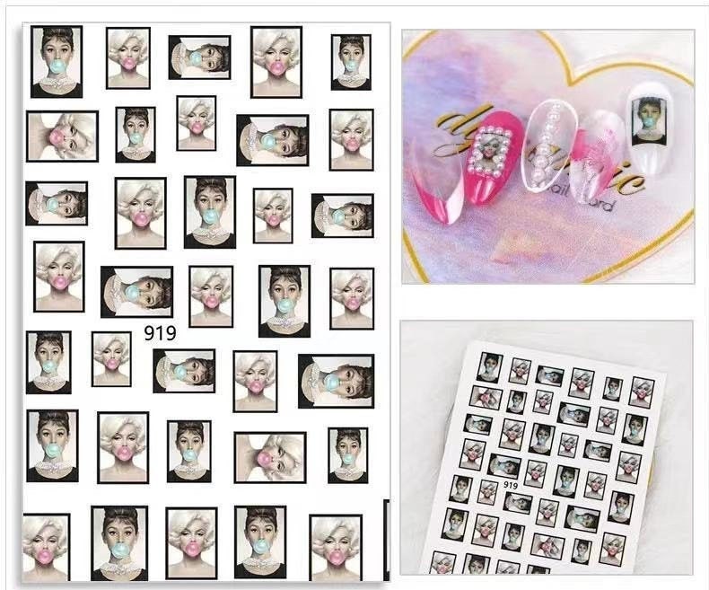 Marilyn Monroe Portrait Nail Sticker Audrey Hepburn Stickers Self Adhesive Decals Bubble Gum Black and White nail art Pin Up Pop Art