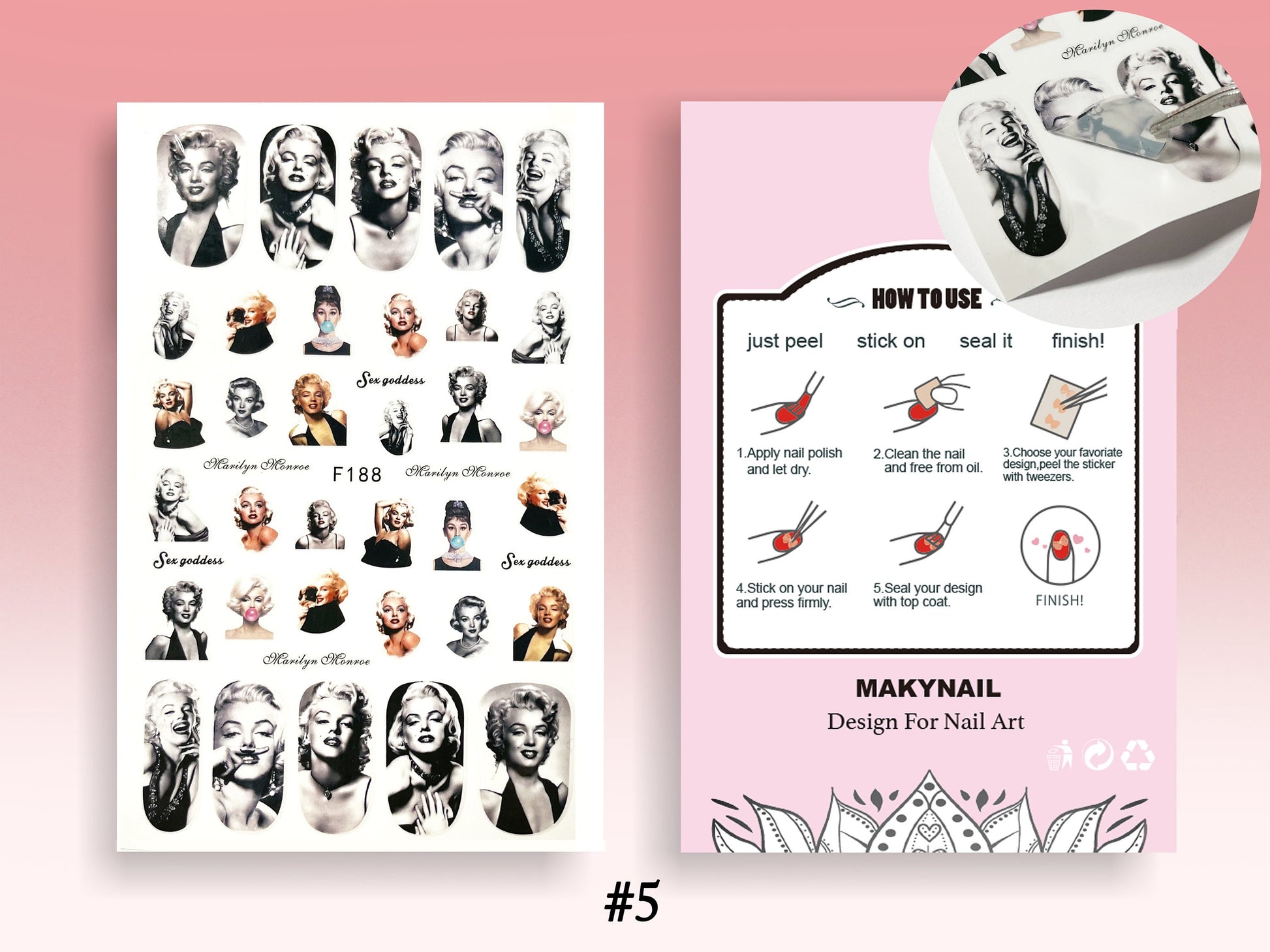 Marilyn Monroe Portrait Nail Sticker Audrey Hepburn Stickers Self Adhesive Decals Bubble Gum Black and White nail art Pin Up Pop Art
