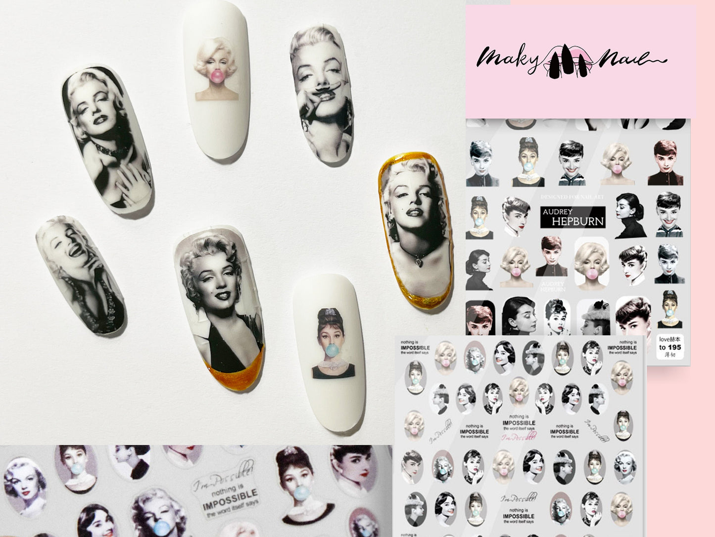 Marilyn Monroe Portrait Nail Sticker Audrey Hepburn Stickers Self Adhesive Decals Bubble Gum Black and White nail art Pin Up Pop Art