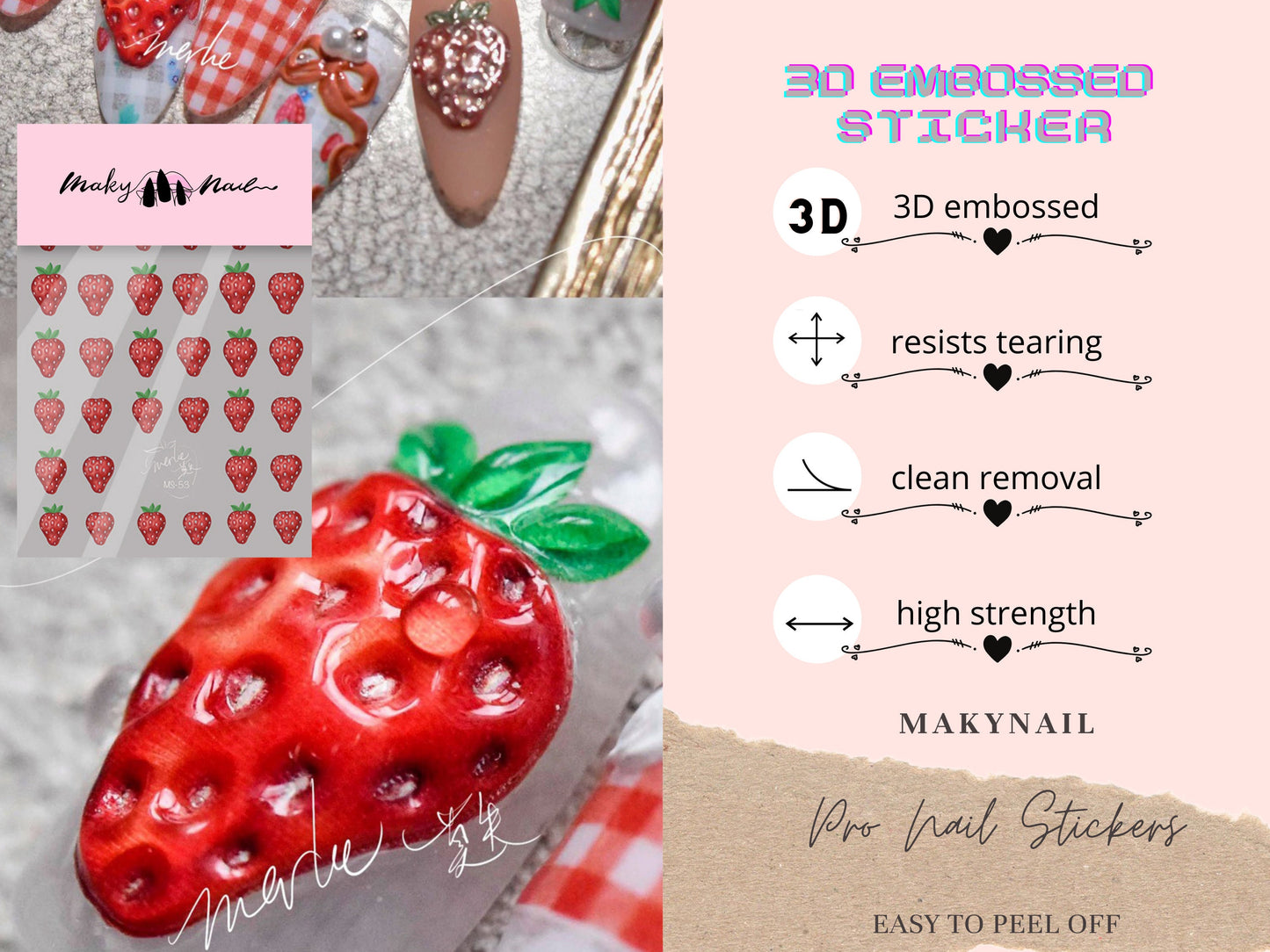 5D Strawberry Nail sticker/Ice-cream Red Grids 3D nail Cream Sweets Self Adhesive Decals/Embossed Ultra Thin peel off Strawberries stickers